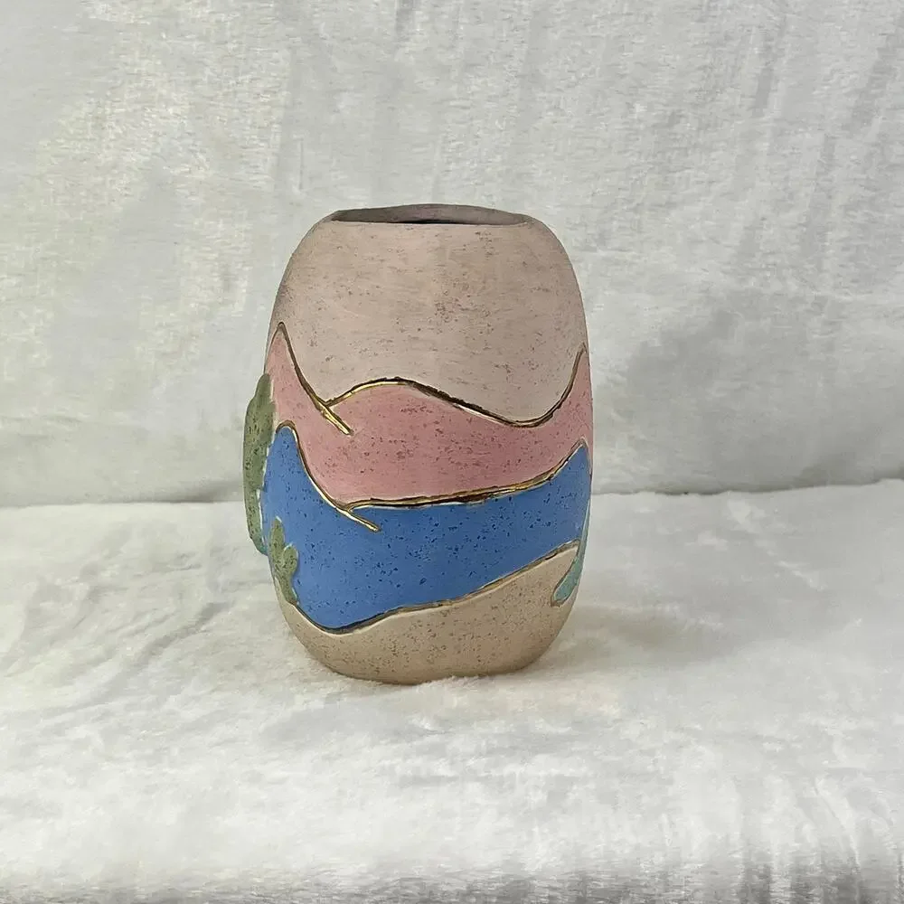 Southwestern Desert Scene Pottery Vase Cactus Sunset Relief Painted 5.5 Handmade